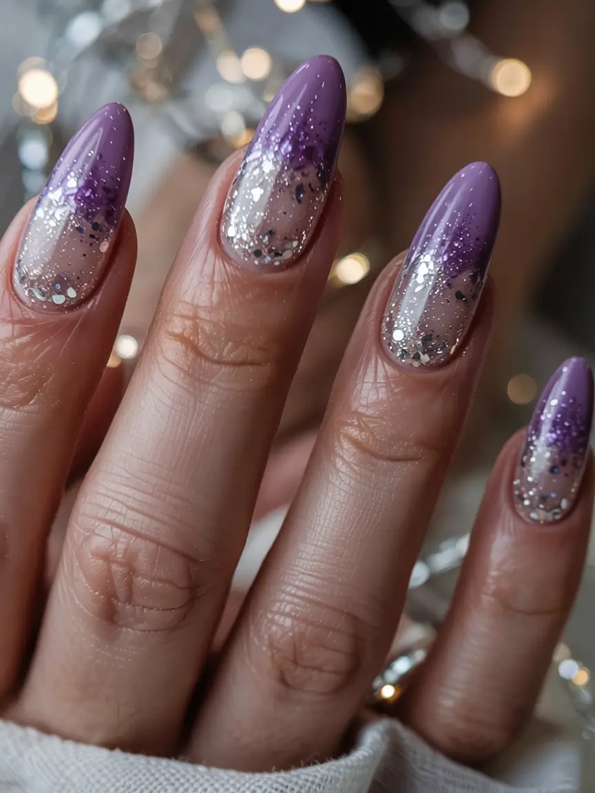 winter almond nails ideas 2025-2026 Lavender Lights Purple Glitter Gradient