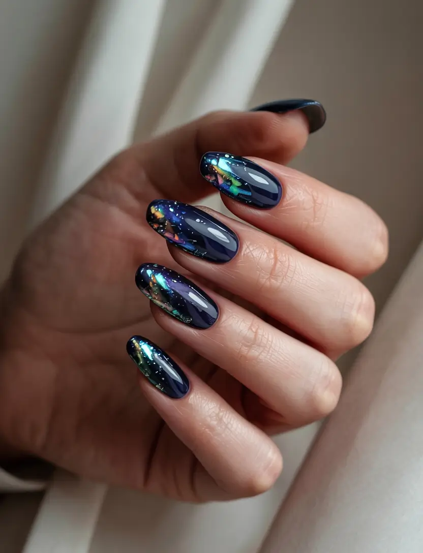 winter almond nails ideas 2025-2026 Galaxy Midnight Deep Blue Cosmic Reflections