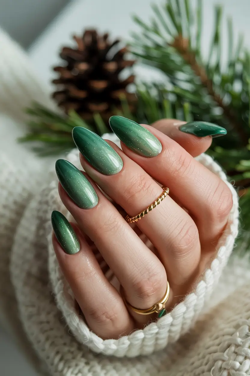 winter almond nails ideas 2025-2026 Pine Glow Forest Green Ombre Serenity
