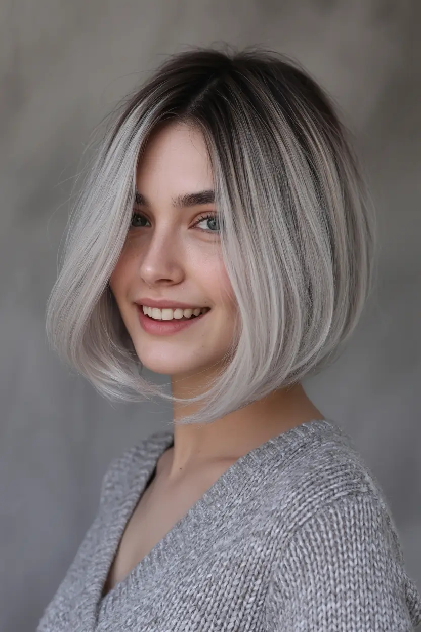 winter bob haircuts 2025 - 2026 Frosted Silver Bob with Natural Roots