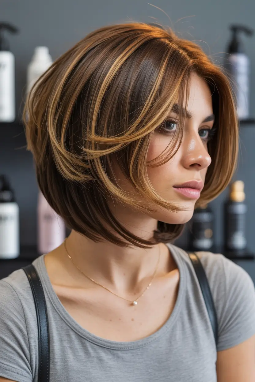winter bob haircuts 2025 - 2026 Golden Layered Bob with Warm Highlights