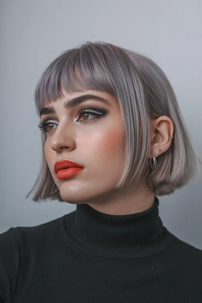 winter bob haircuts 2025 - 2026 Blunt Silver Bob with Micro Bangs