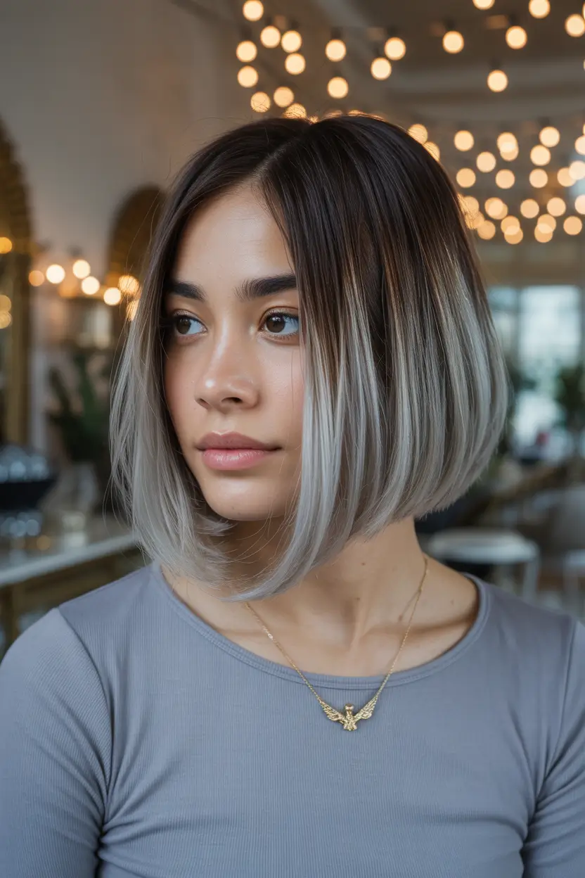 winter bob haircuts 2025 - 2026 Sleek Silver Ombre Bob