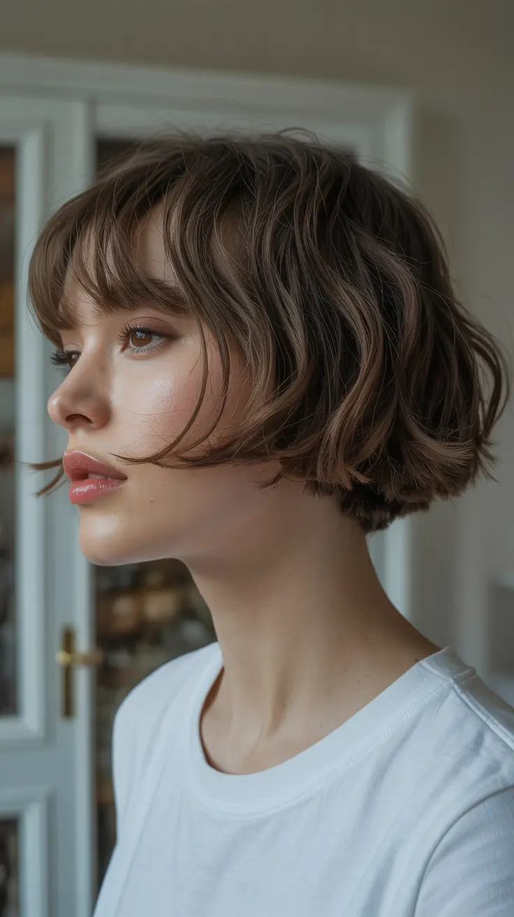 winter bob haircuts 2025 - 2026 Messy Chocolate Brown Bob with Bangs
