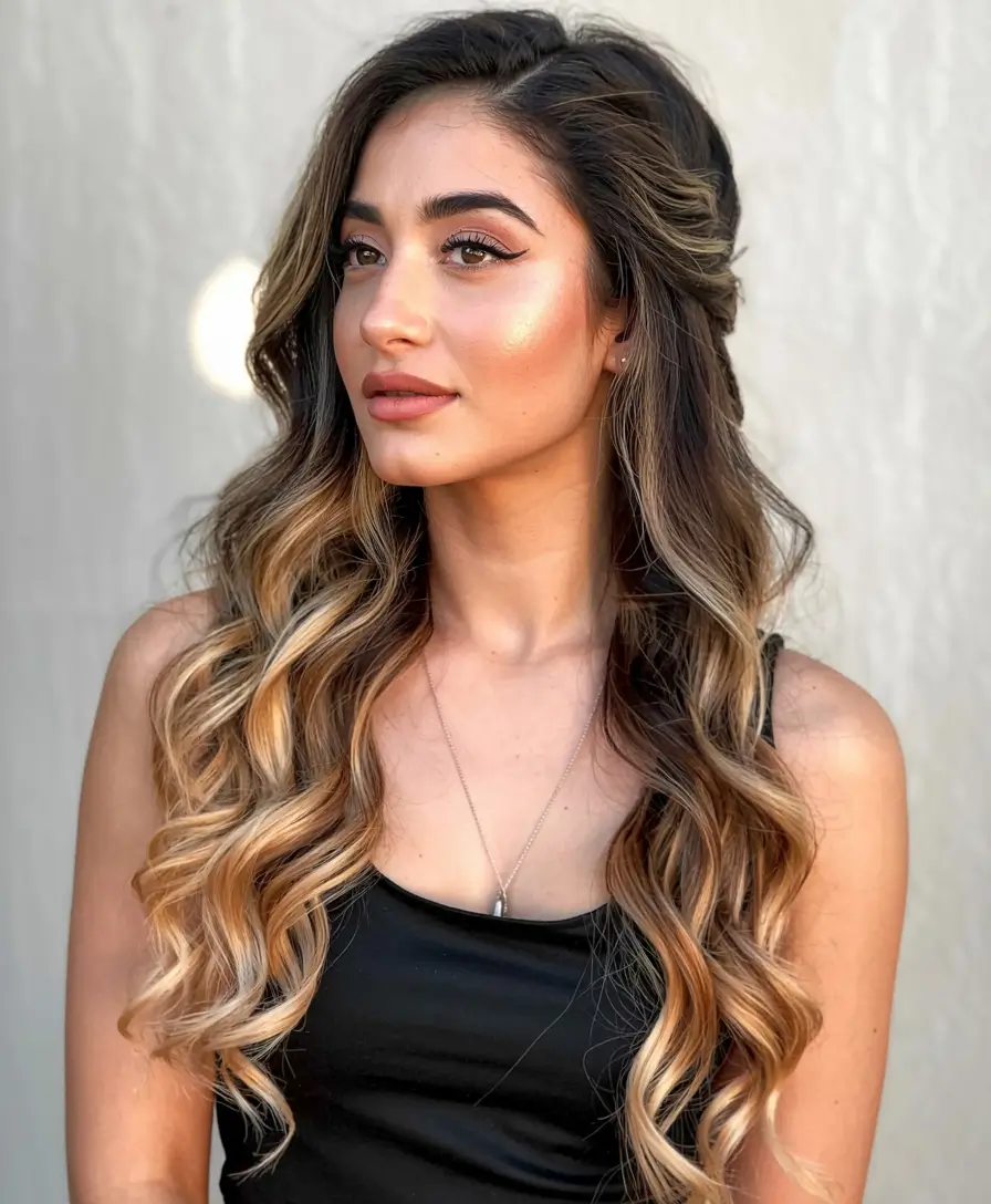 winter formal hairstyles Warm Balayage Curls for Long Hair