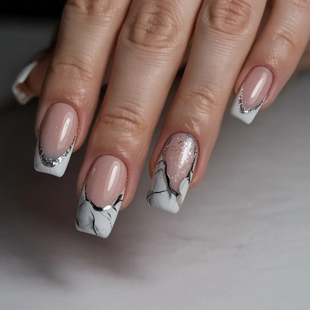 winter french tip nails coffin blue Marble Ice Elegance