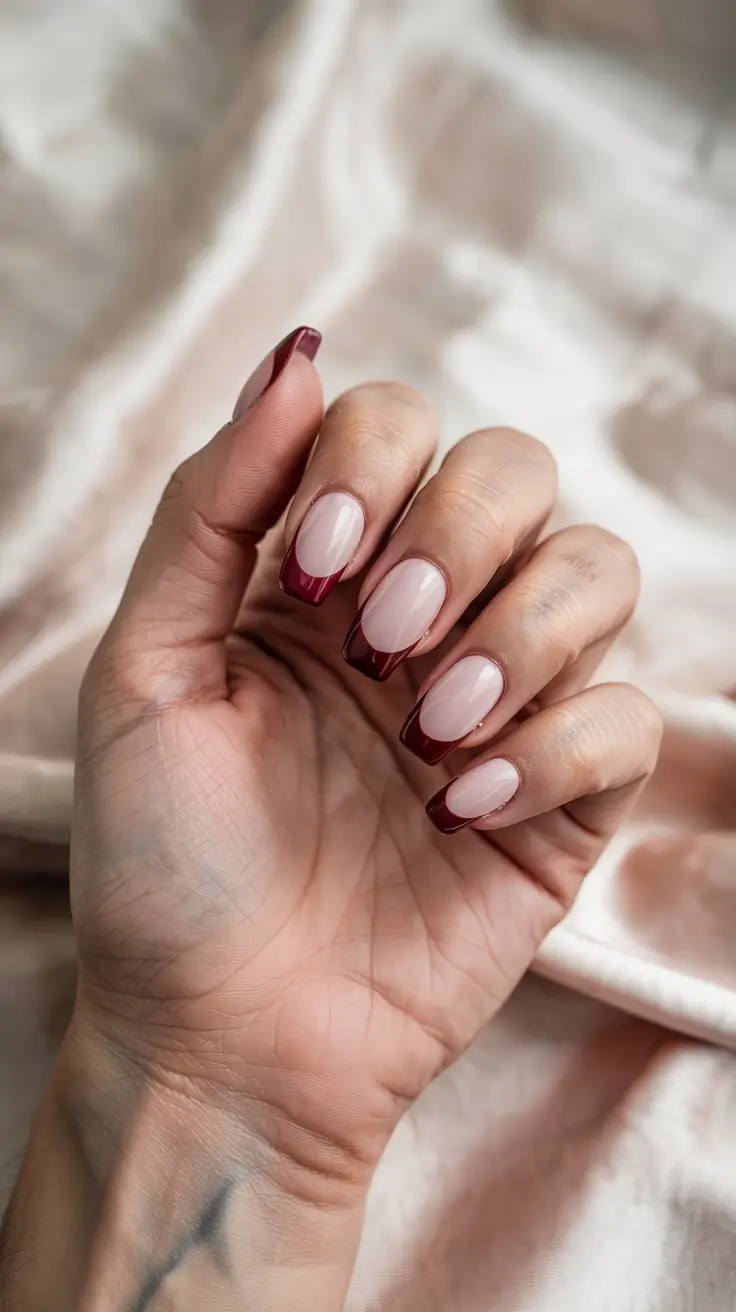 winter french tip nails brown Deep Ruby Minimalism