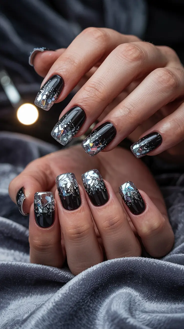 winter french tip nails coffin blue Black Ice Glamour