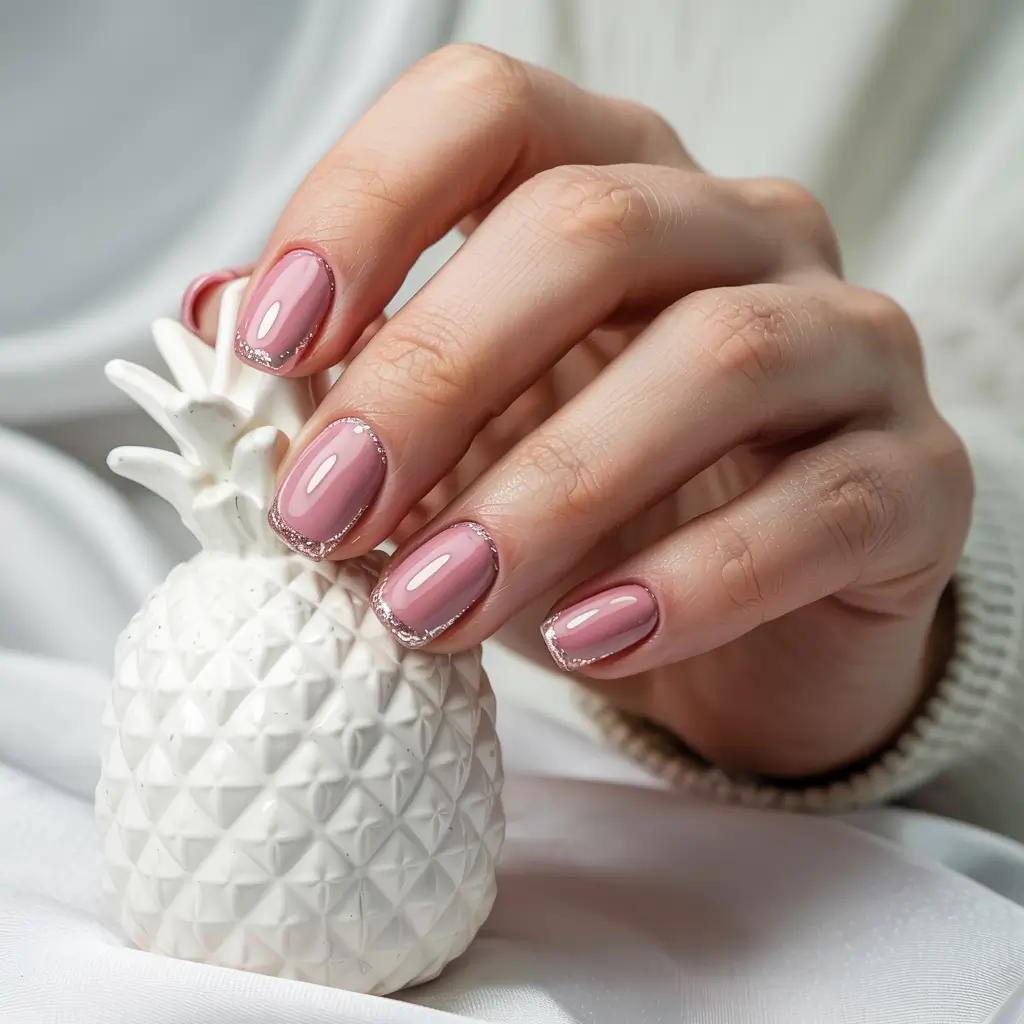 winter french tip nails pink Dusty Rose Glow