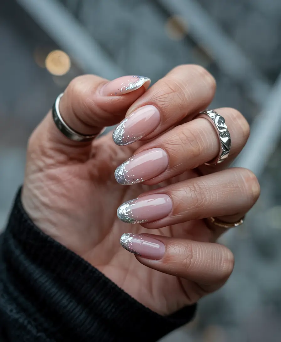winter french tip nails classy almond silver frost
