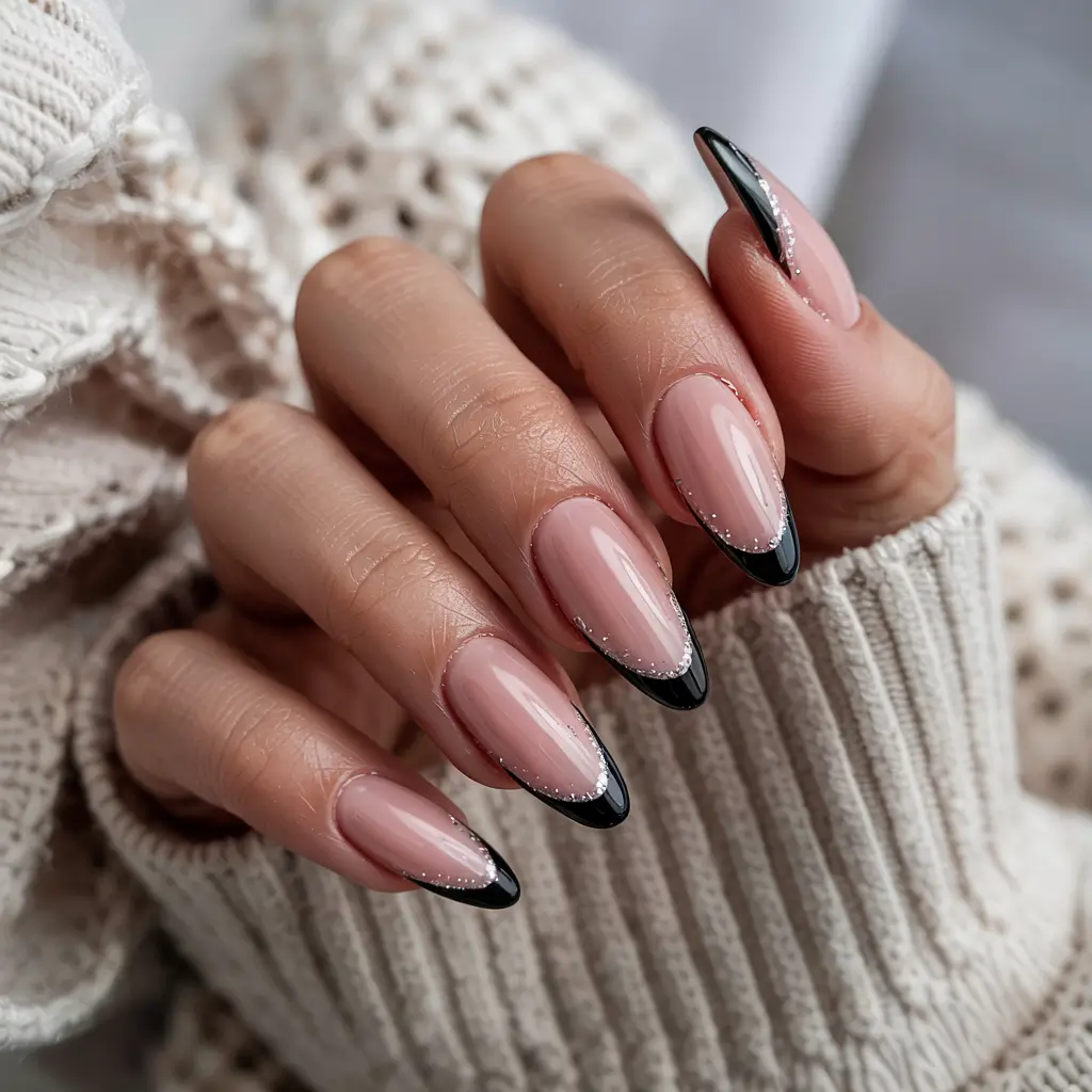 winter french tip nails stiletto classy black ice