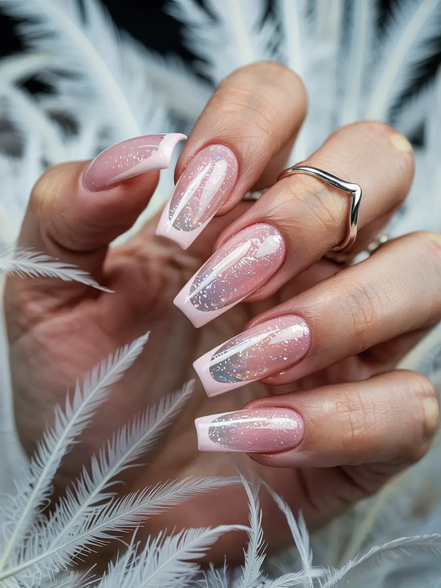 winter french tip nails coffin white glitter 2025