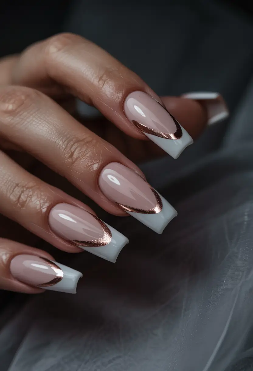 winter french tip nails coffin Rose Gold-Tipped Glam