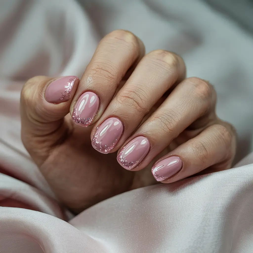 winter french tip nails white glitter Blush Glitter Fade