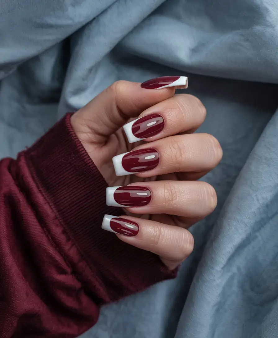 winter french tip nails brown Burgundy Chic with White Tips