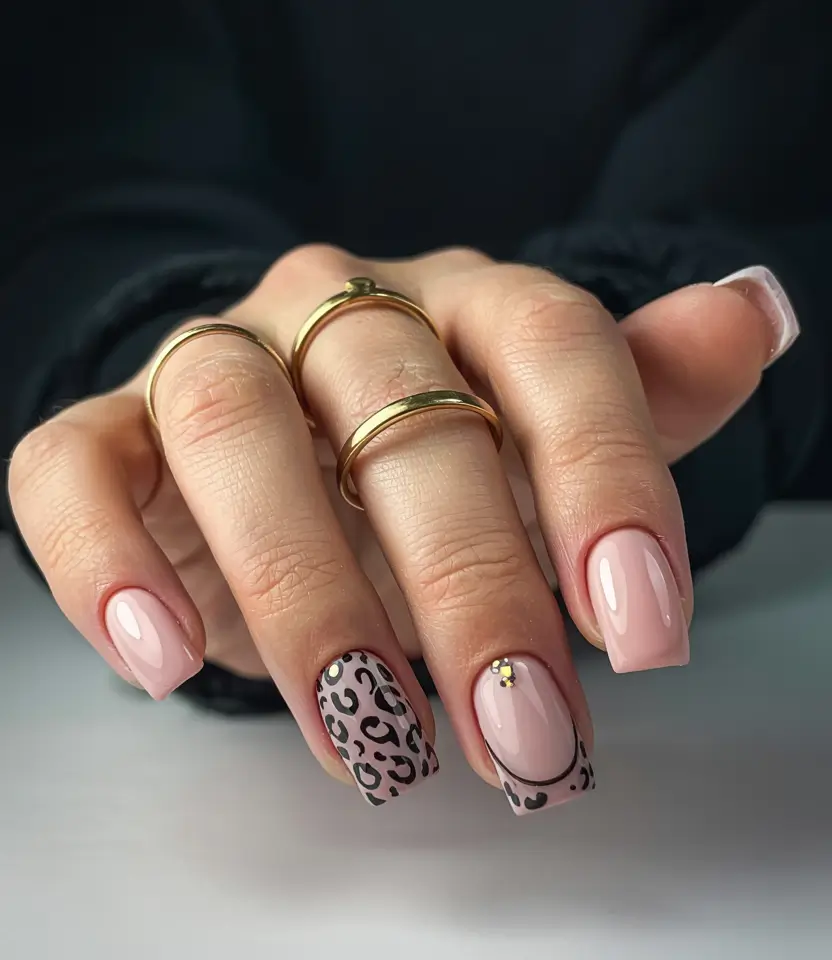 winter french tip nails almond shape Playful Nude with Leopard Accent