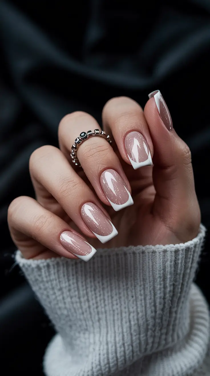 winter french tip nails square Milky Frosted Square