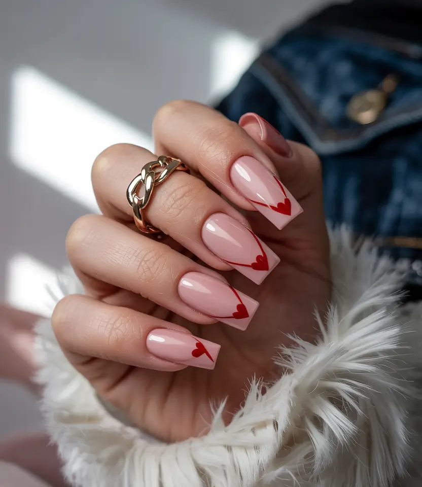 winter french tip nails almond Heart-Tipped Red Romance