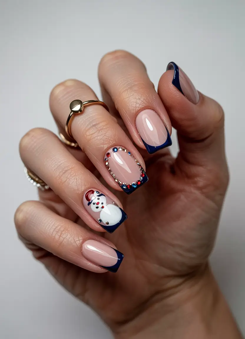 winter french tip nails blue Snowman Chic in Blue