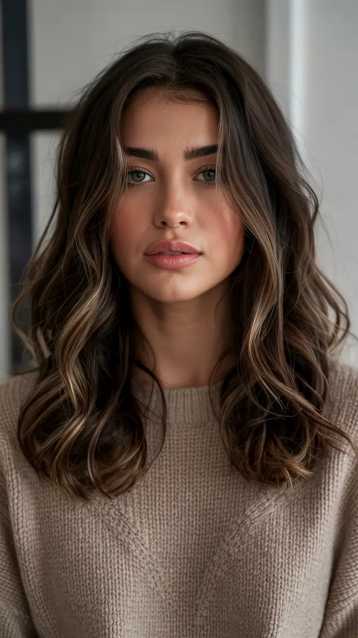 winter haircuts 2025 Subtle Waves with Glossy Brunette Dimension