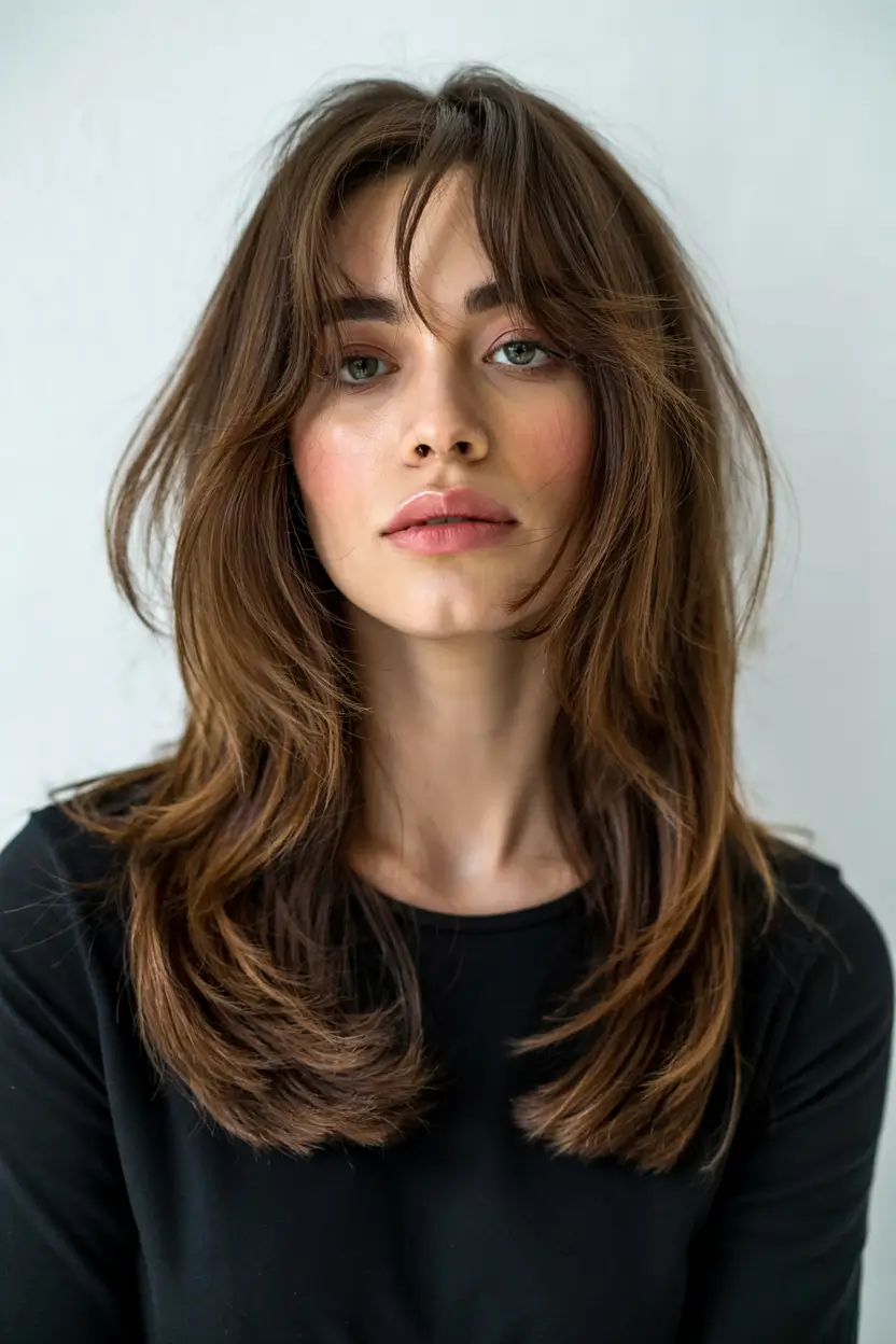 Winter Haircuts 2025-2026 Feathered Layers with Wispy Fringe