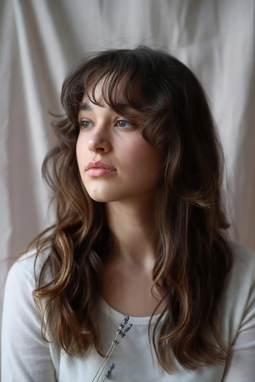 winter haircuts 2025 Soft Layers with Wispy Bangs