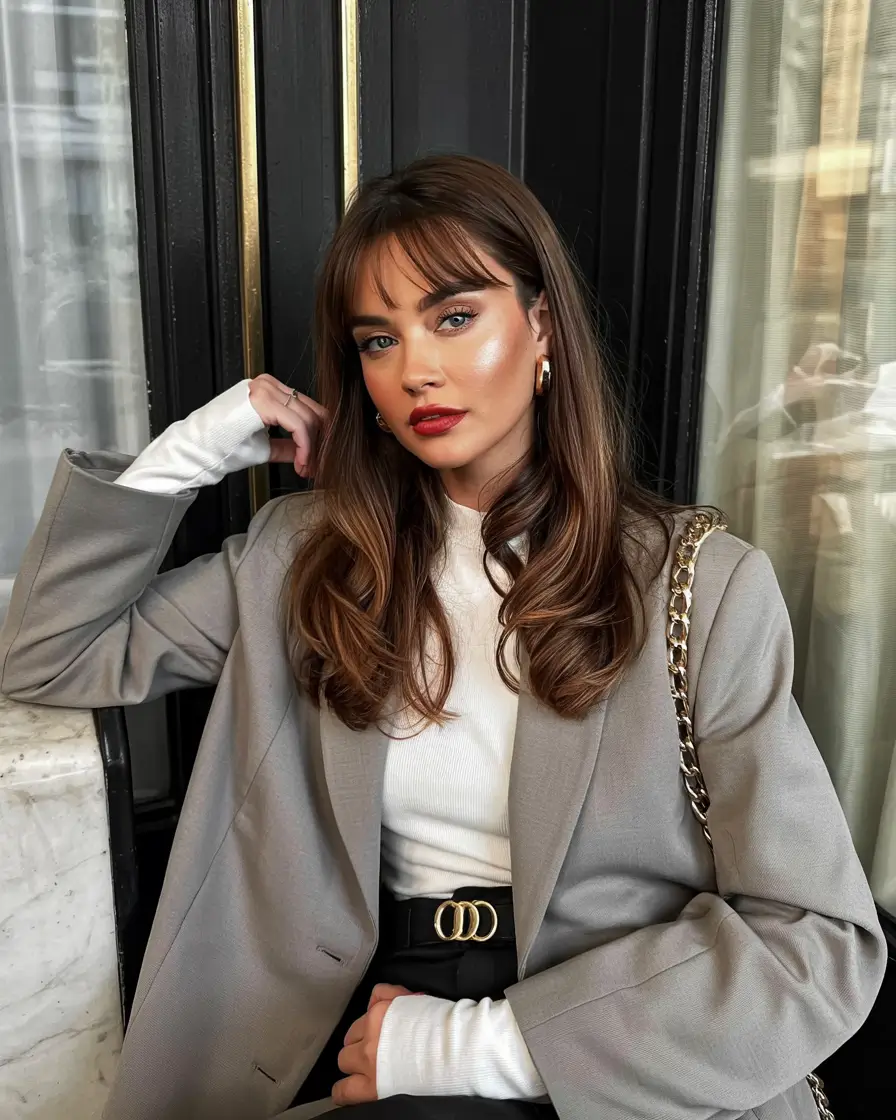 winter haircuts 2025 Polished Layers with Blunt Micro Bangs