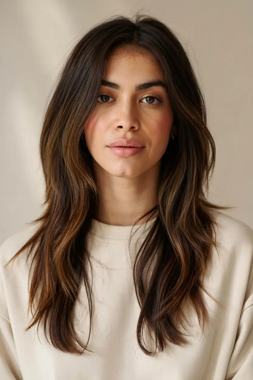 winter haircuts 2025 Face-Framing Layers with Espresso Balayage