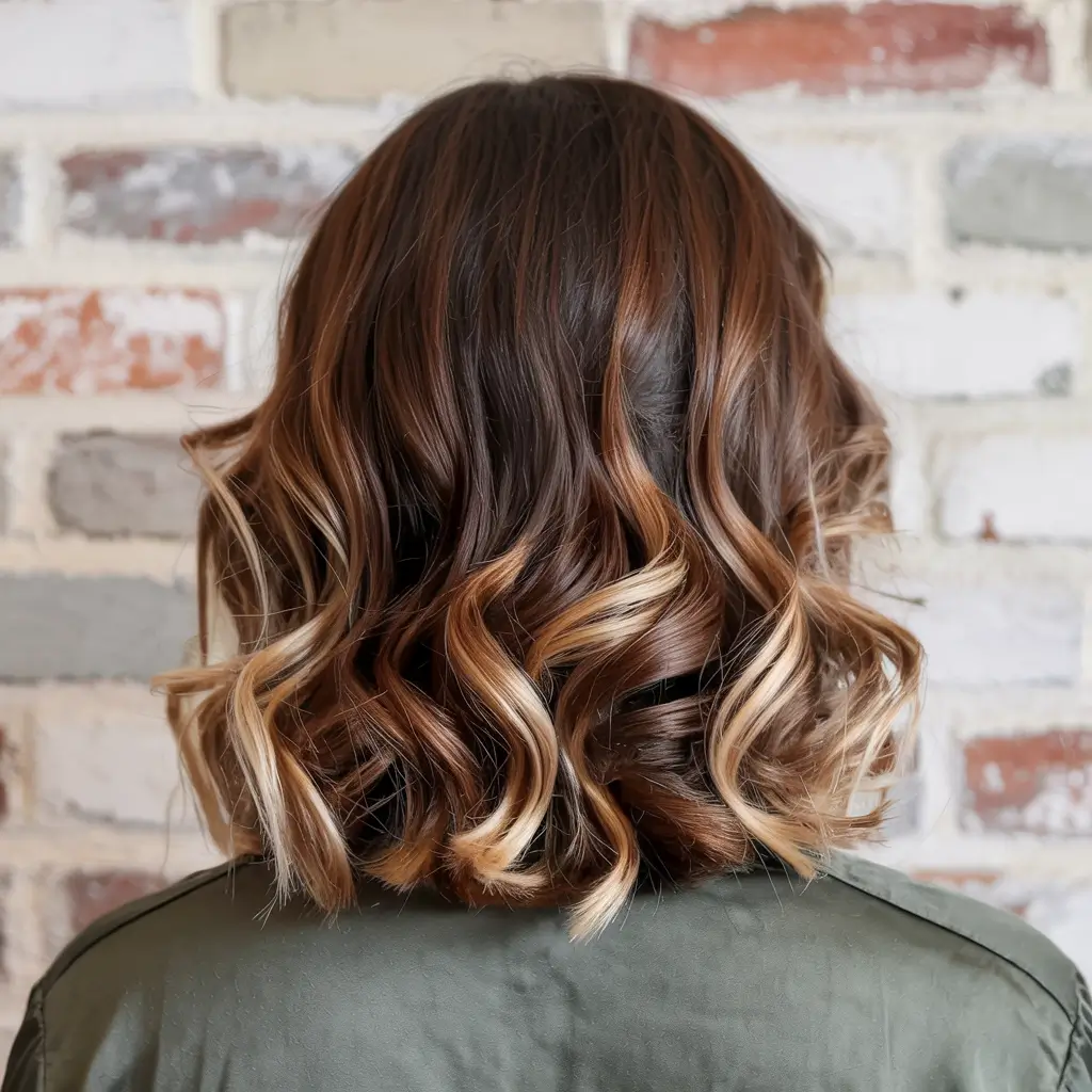 haircuts and colors for women Curly Brunette Bob with Honey Ribbons