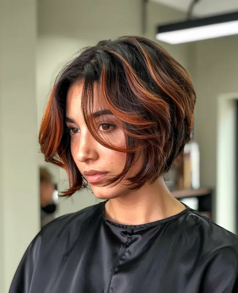 haircuts and colors for women Short Bob with Fiery Auburn Highlights