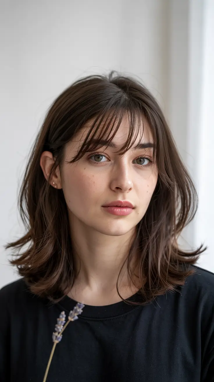 haircuts and colors for women Wispy Bangs with Soft Medium Layers