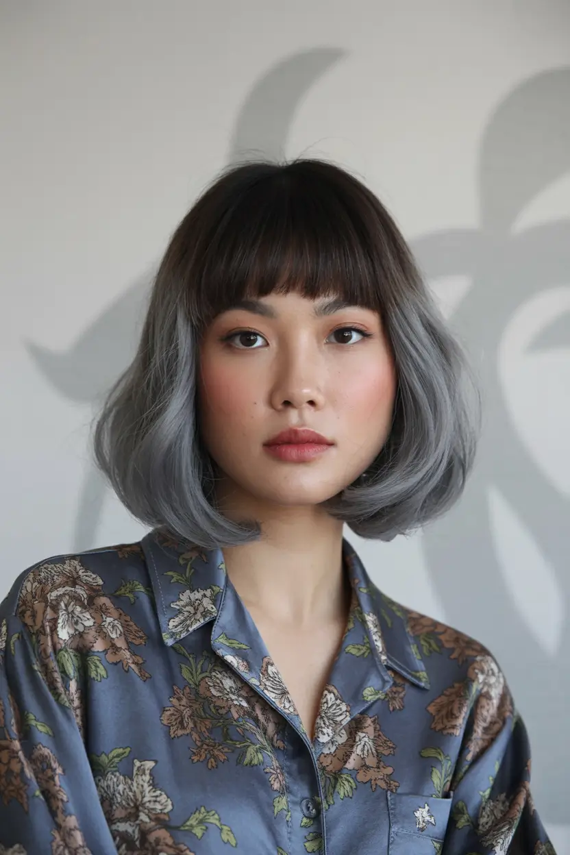 Smoky Gray Bob With Full Fringe Winter Haircuts and Colors 2025 2026 Trends