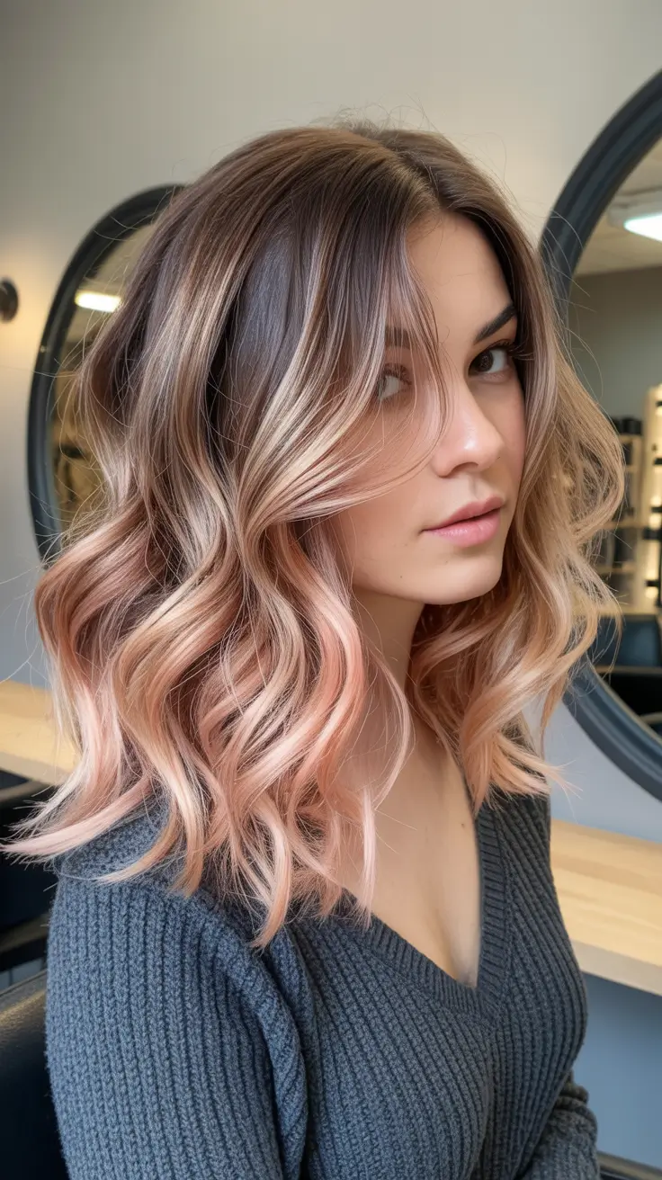 Blended Rose Gold With Tousled Medium Waves Winter Haircuts and Colors 2025 2026 Trends