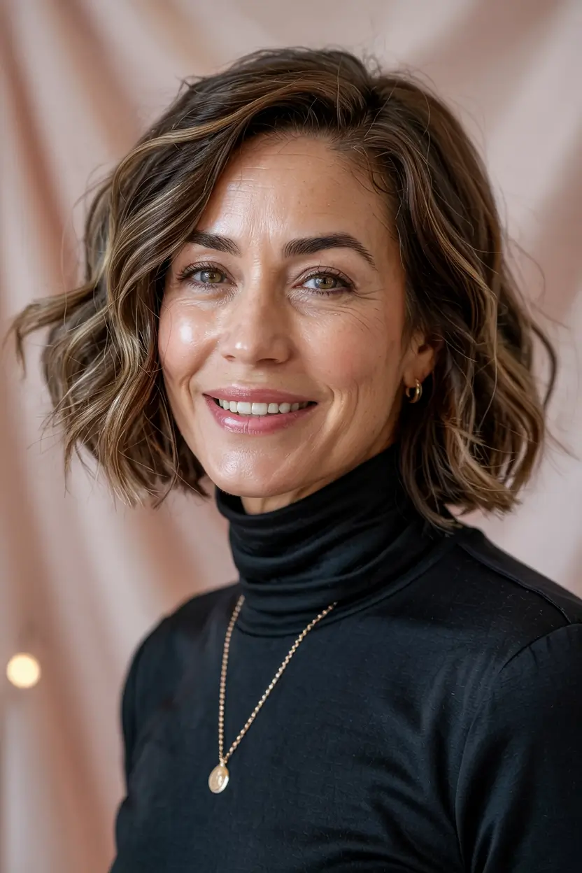 Winter Hairstyles & Color 2025-2026 for Women Over 40 Textured Brunette Bob with Caramel Accents