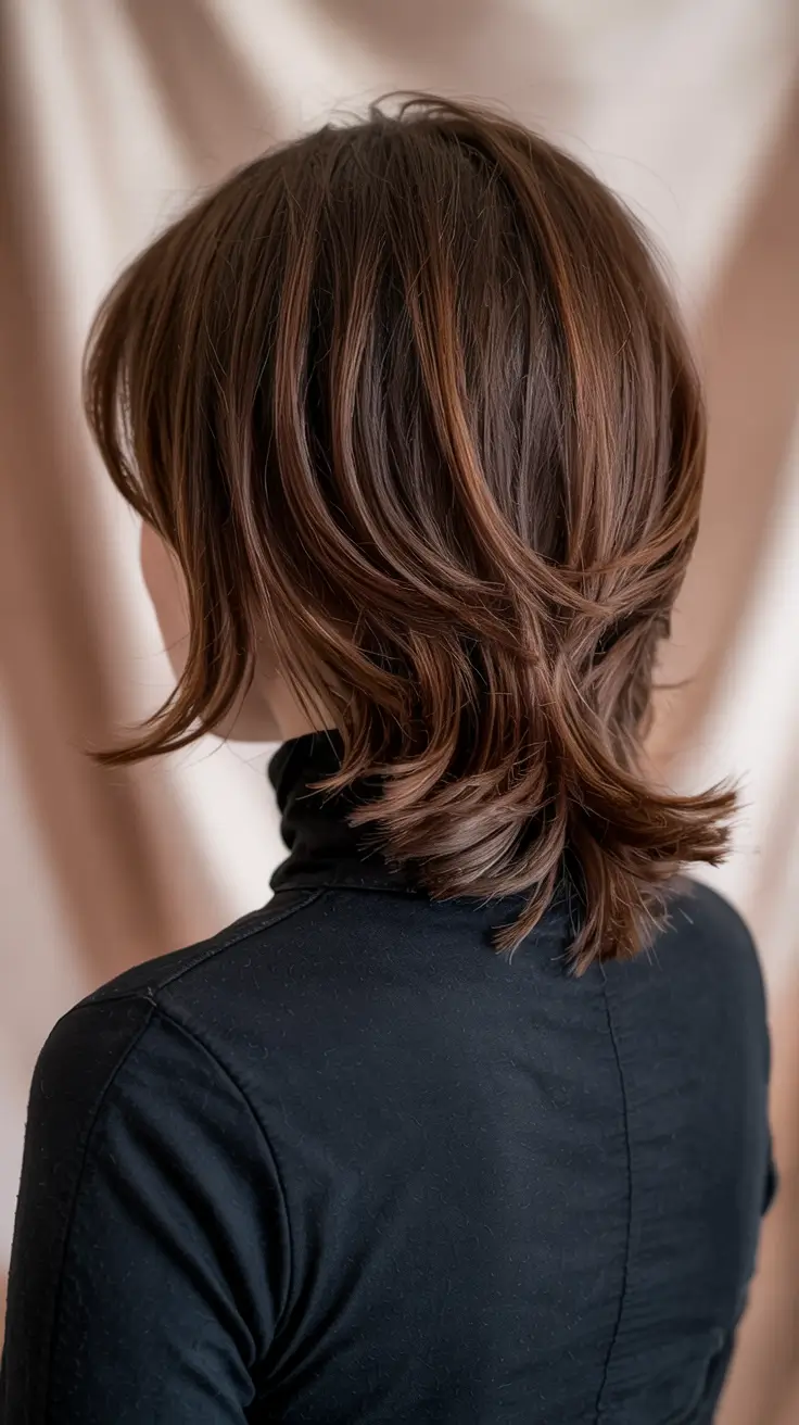 Winter Hairstyles & Color 2025-2026 for Women Over 40 Feathered Chocolate Layers with Retro Flair