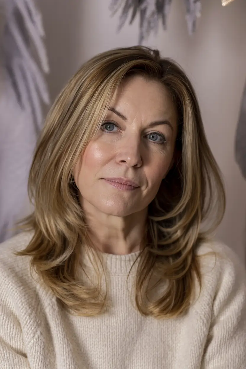 Soft Layered Elegance with Golden Dimension Winter Hairstyles & Color 2025-2026 for Women Over 40