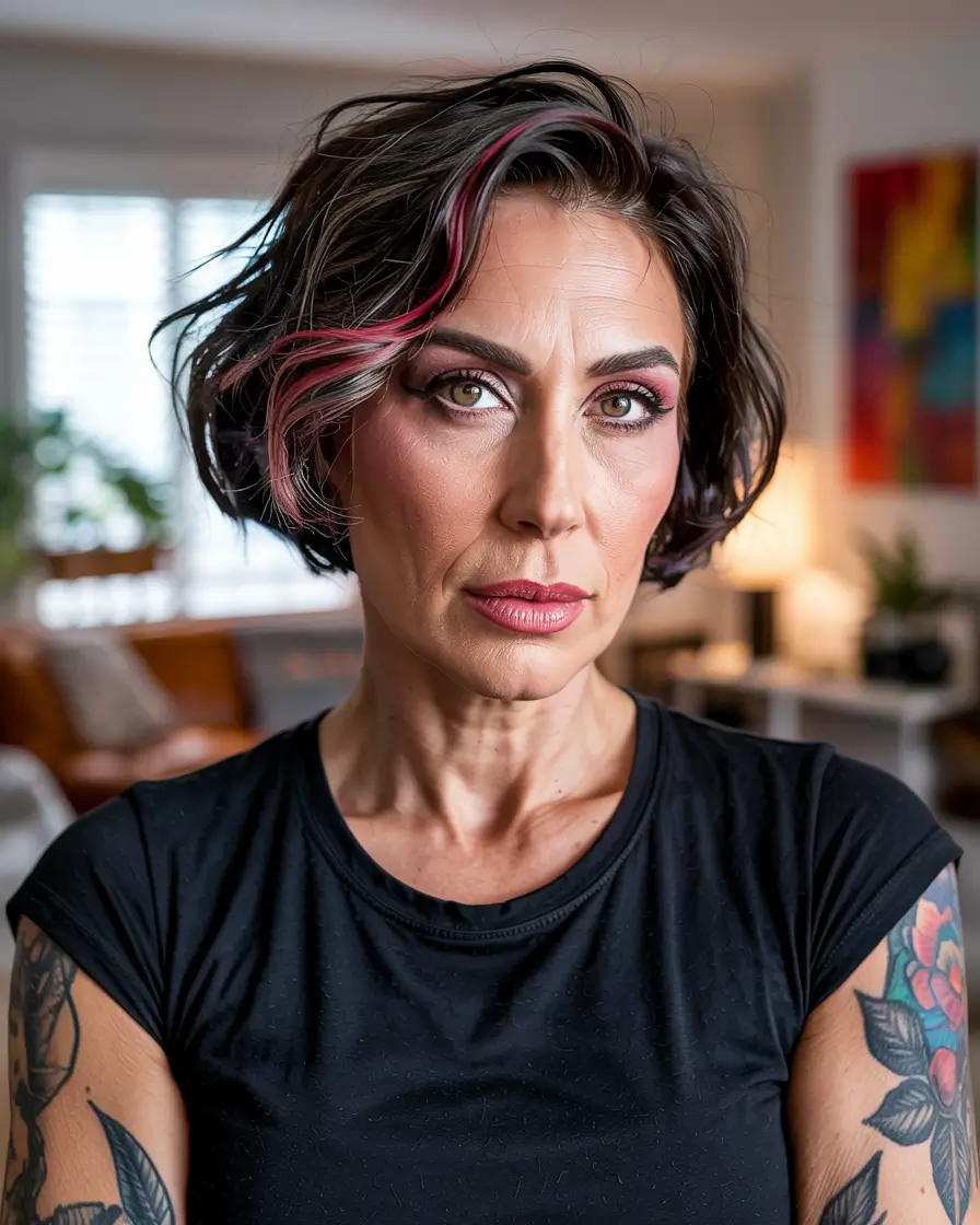 Edgy Pixie-Bob with Pink Accent Winter Hairstyles & Color 2025-2026 for Women Over 40