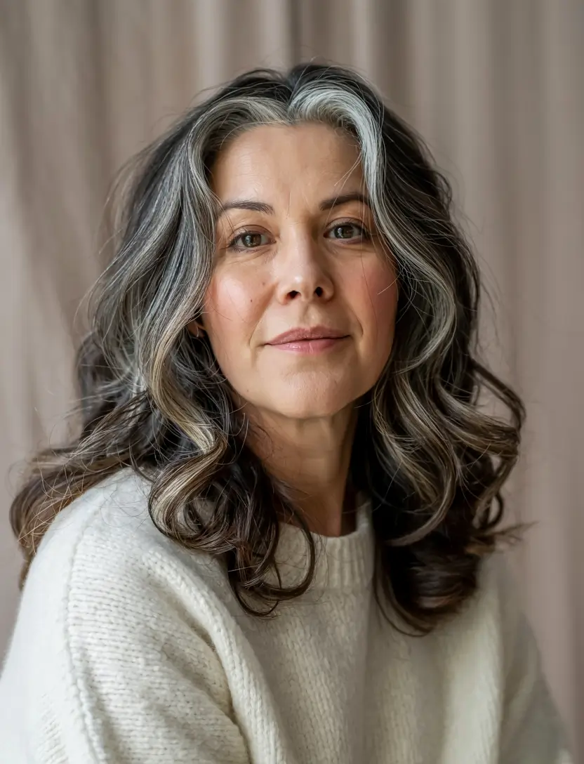 Natural Silver Glow with Voluminous Waves Winter Hairstyles & Color 2025-2026 for Women Over 40