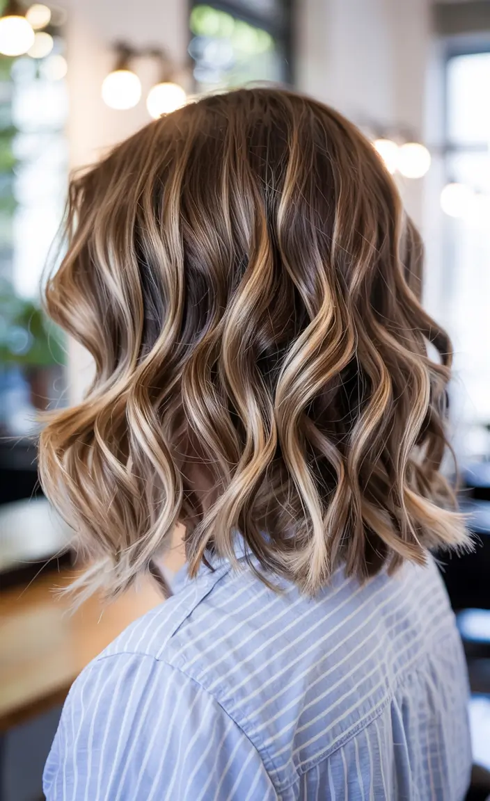 Golden Ribbon Highlights on a Tousled Lob Winter Hairstyles & Color 2025-2026 for Women Over 40