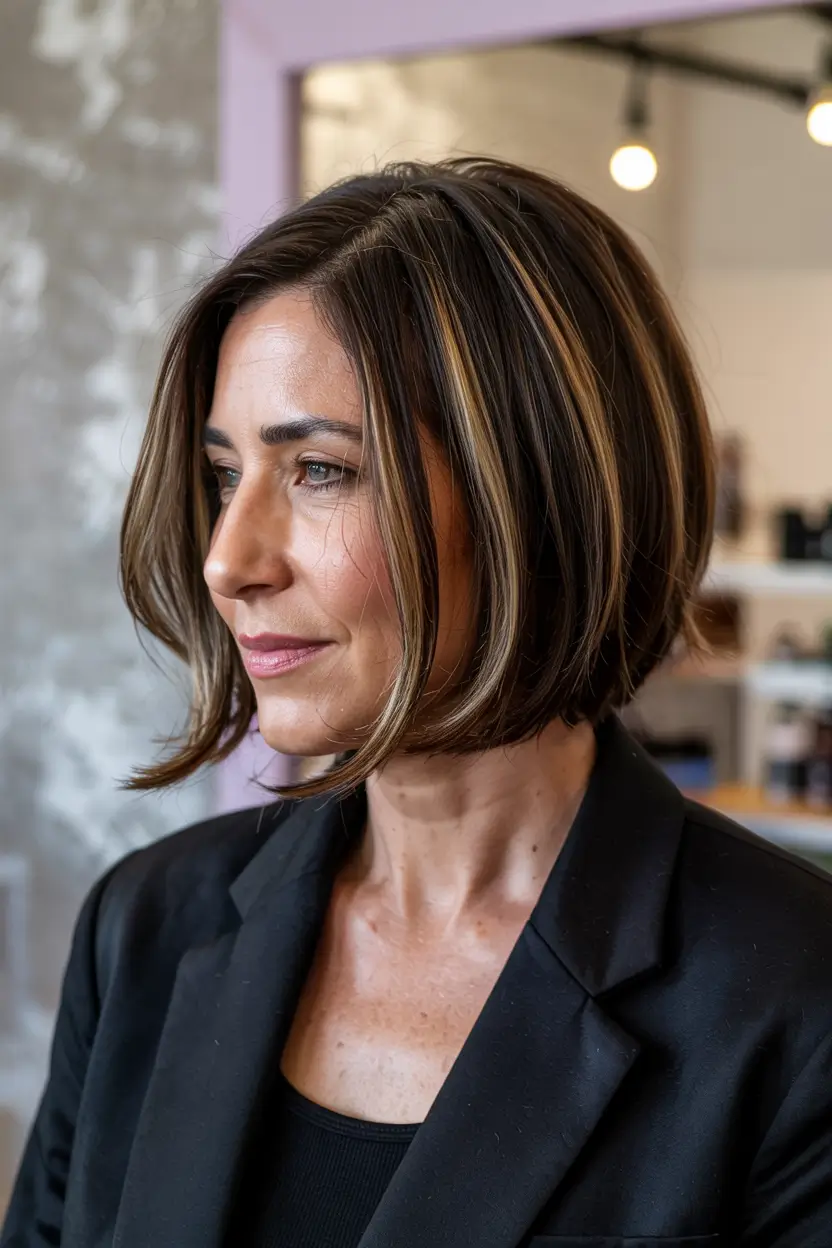 Winter Hairstyles & Color 2025-2026 for Women Over 40 Polished Short Bob with Golden Strands