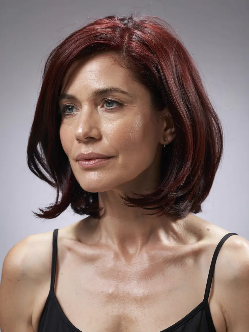 Winter Hairstyles & Color 2025-2026 for Women Over 40 Rich Cherry Layered Bob