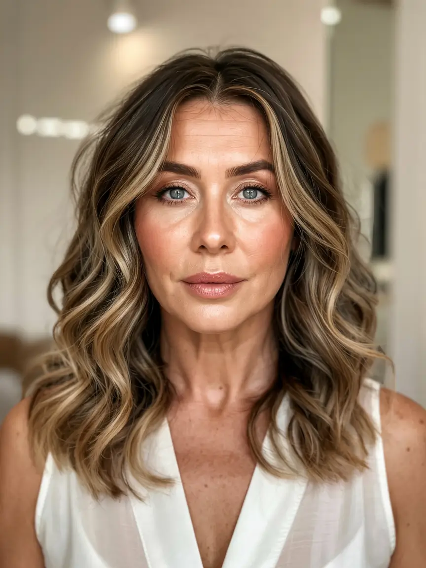 Winter Hairstyles & Color 2025-2026 for Women Over 40 Golden Balayage Waves with Depth