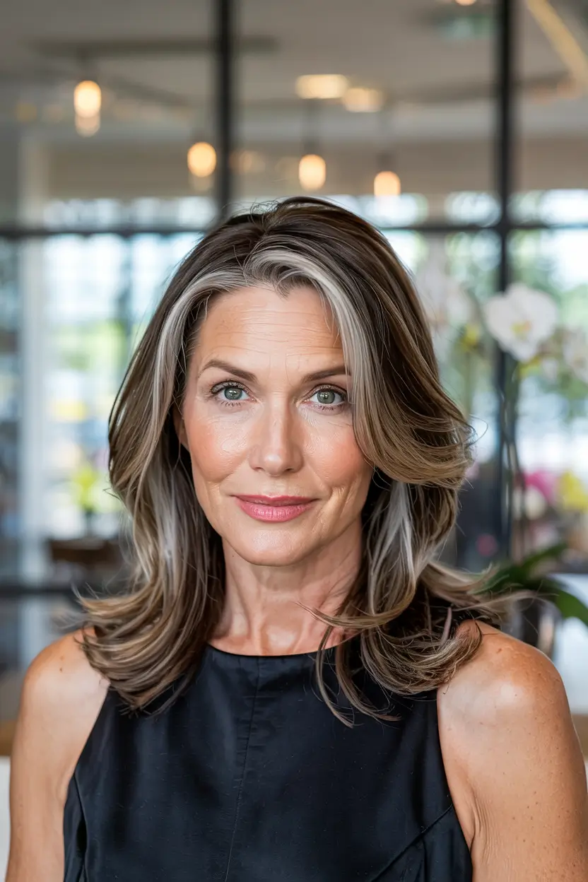 Winter Hairstyles & Color 2025-2026 for Women Over 40 Cool Brunette with Silver Veil Highlights