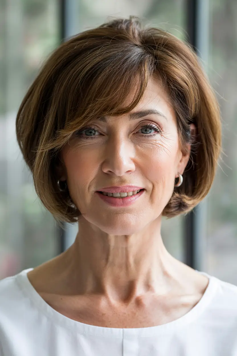 winter hairstyles & hair color 2025-2026 for women over 60 Classic Volume Bob with Soft Bangs