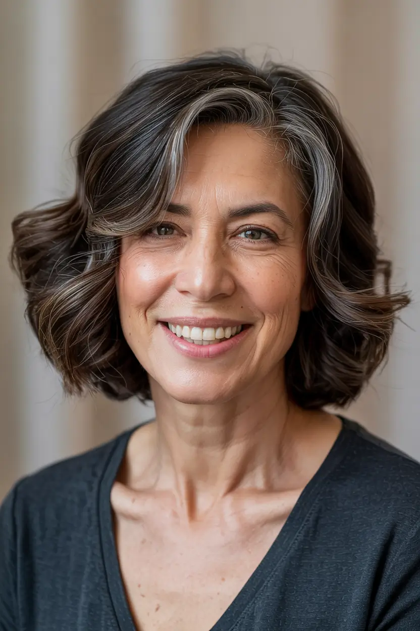 winter hairstyles & hair color 2025-2026 for women over 60 Curly Bob with Silver Dimension