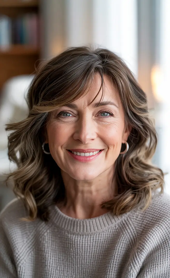 hairstyles for women over 60 medium wavy Soft Chocolate Waves with Curtain Bangs