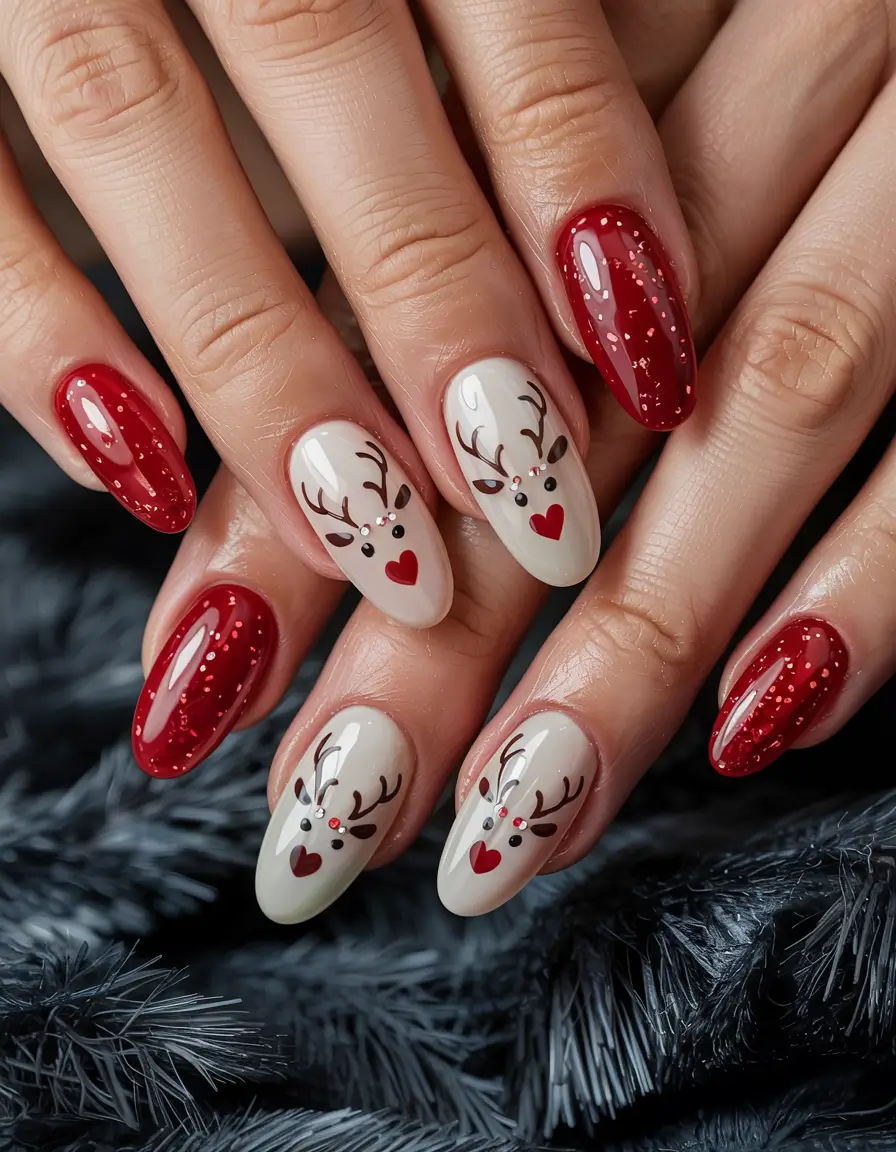winter nails inspo red Rudolph Charm