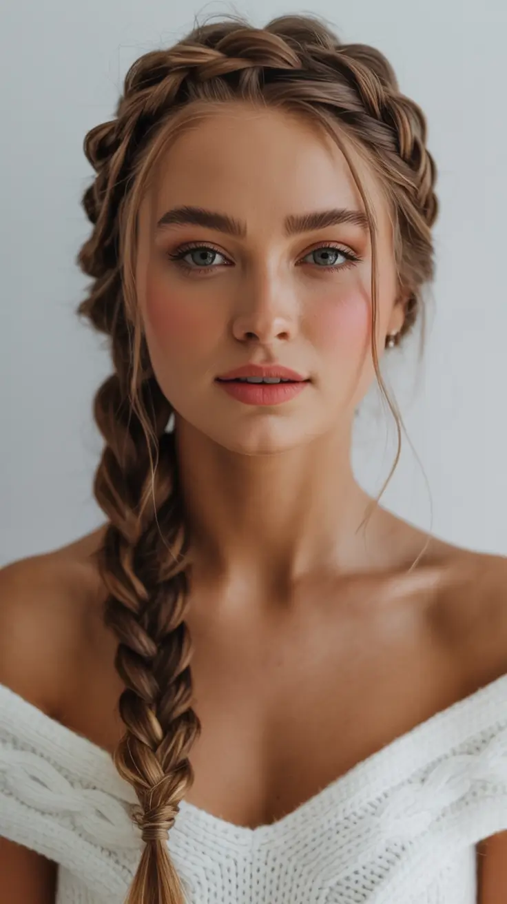 winter hairstyles for long hair Soft Crown Braid with Feminine Warmth