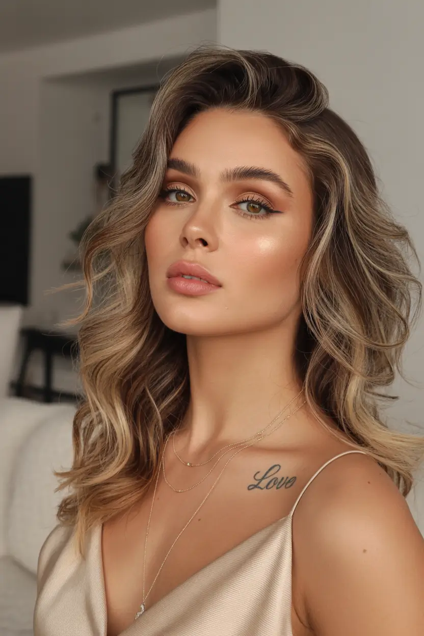 winter hairstyles for long hair Soft Glam Waves with Honey Highlights