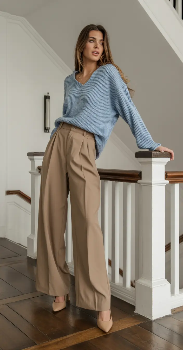 women's business casual outfits 2026 Soft Blue and Sand Harmony